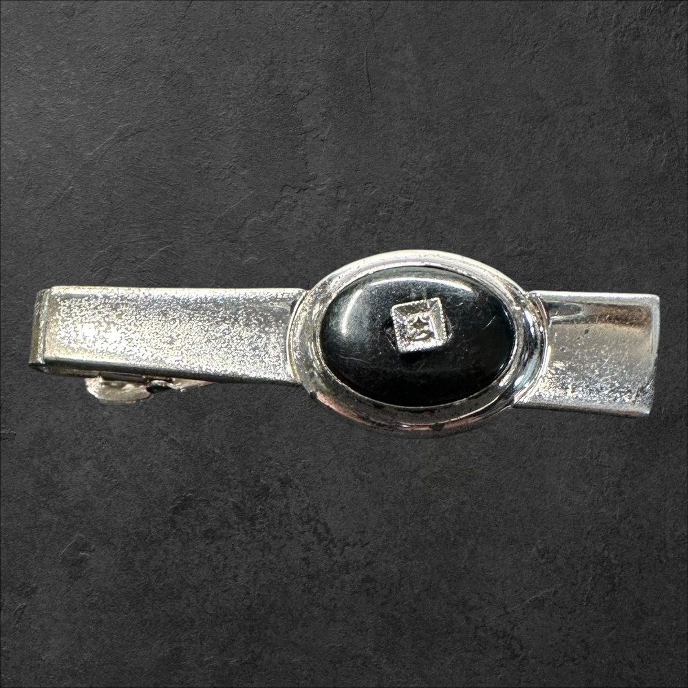 Anson 1.75" Tie Clip Mens Sterling Silver Black Onyx Vintage Clear Stone Chip